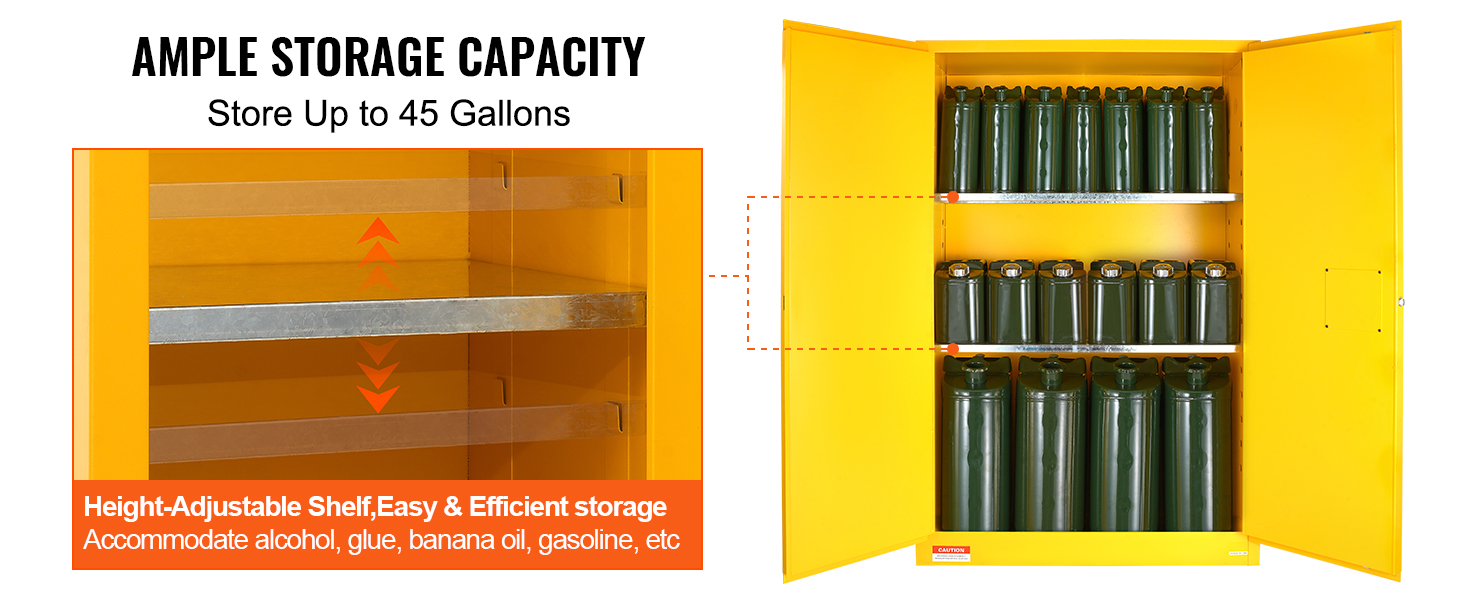 VEVOR flammable safety cabinet with height-adjustable shelves, stores up to 45 gallons of flammable materials.