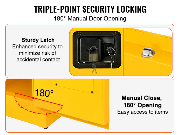 triple-point security lock and manual close 180° door on VEVOR flammable safety cabinet.
