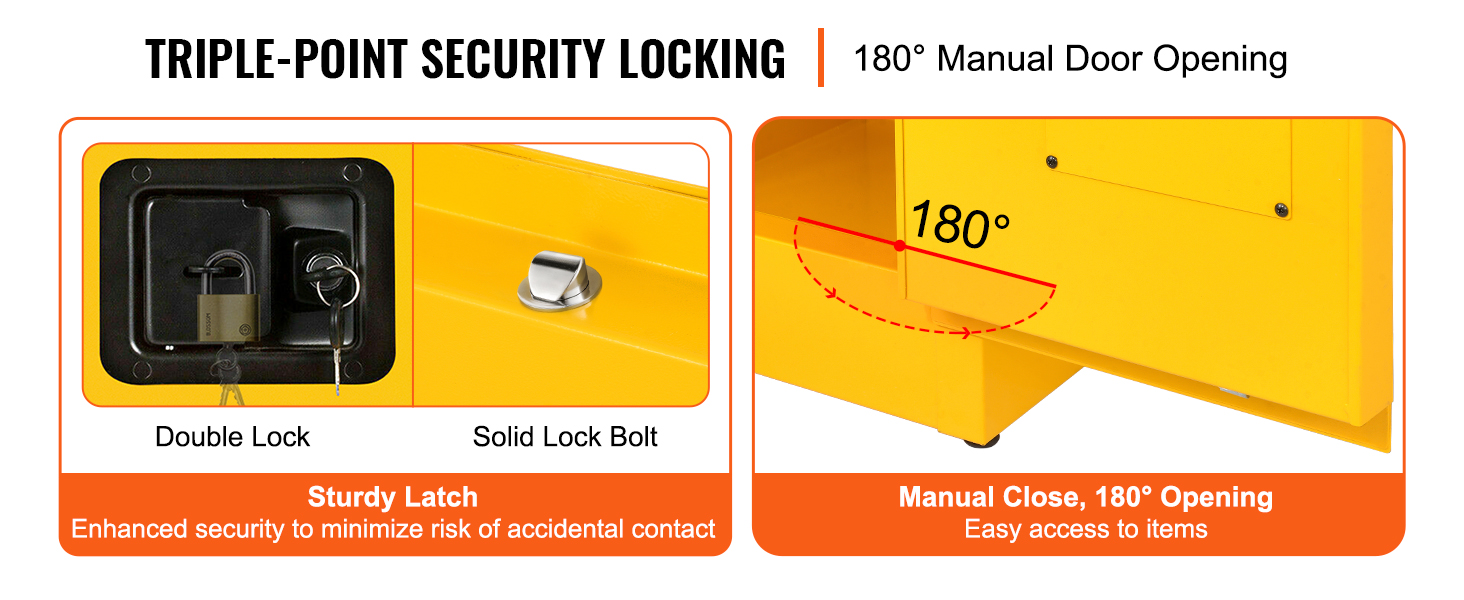 triple-point security lock and manual close 180° door on VEVOR flammable safety cabinet.