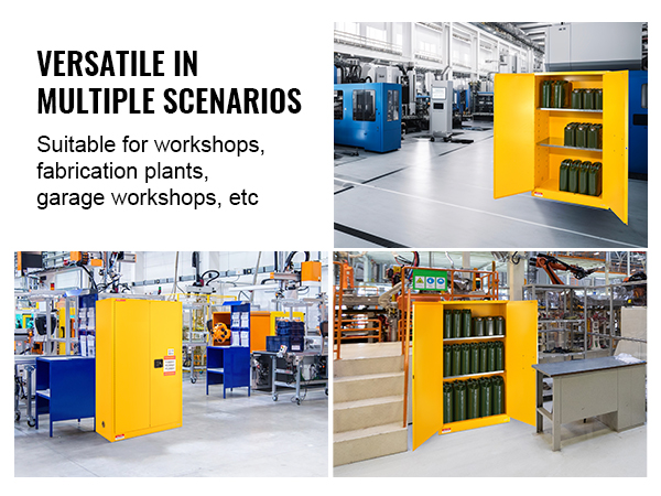 VEVOR flammable safety cabinet in workshops and fabrication plants, storing green canisters securely.