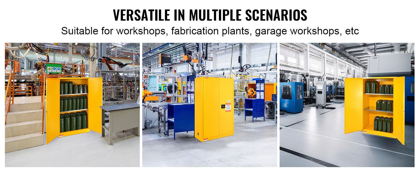 VEVOR flammable safety cabinet in workshops and fabrication plants, storing green canisters securely.