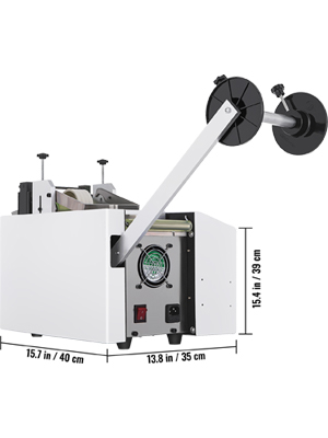 VEVOR heat-shrink tube cutter with dimensions, white panel, and black reel.