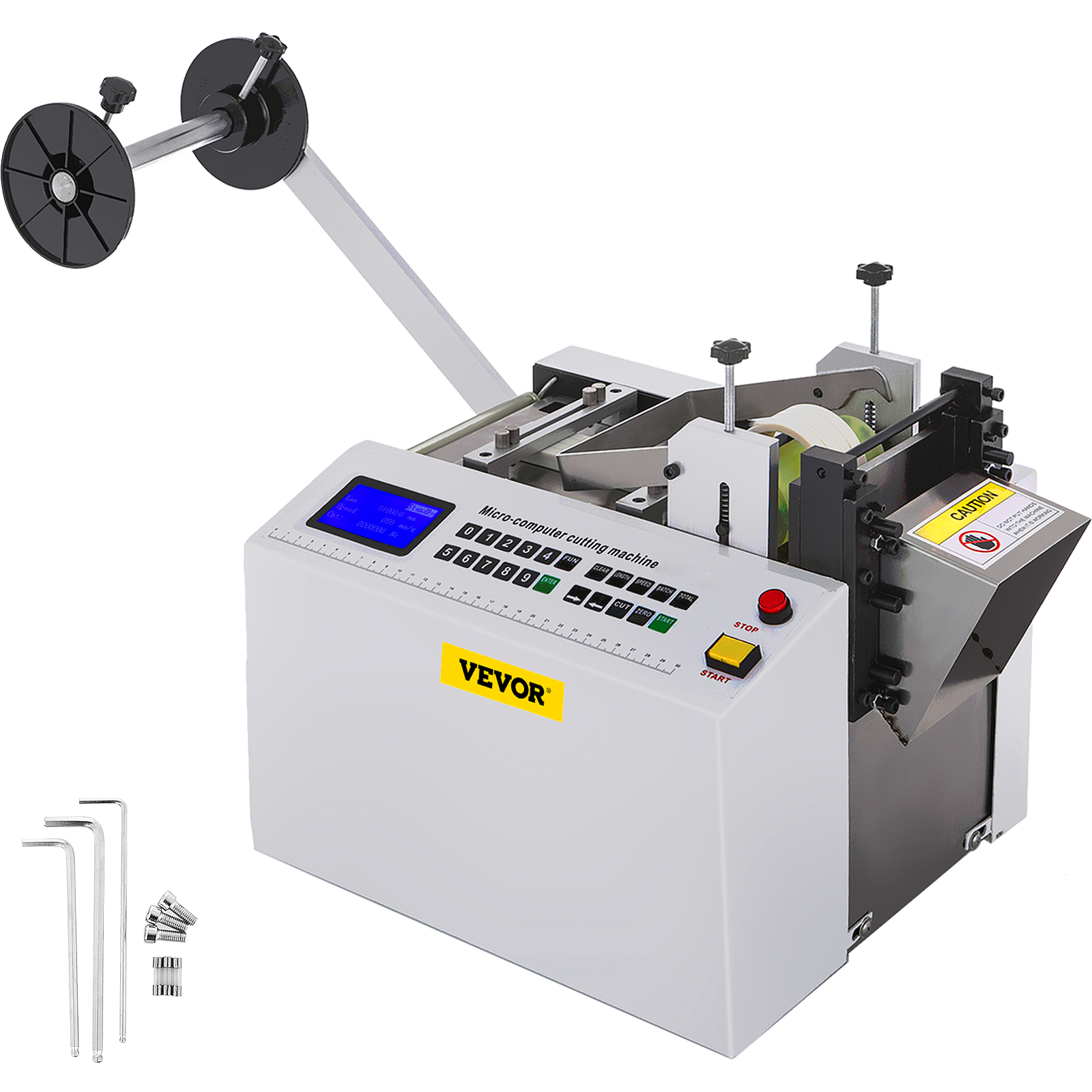 VEVOR heat-shrink tube cutter with digital display and control buttons.
