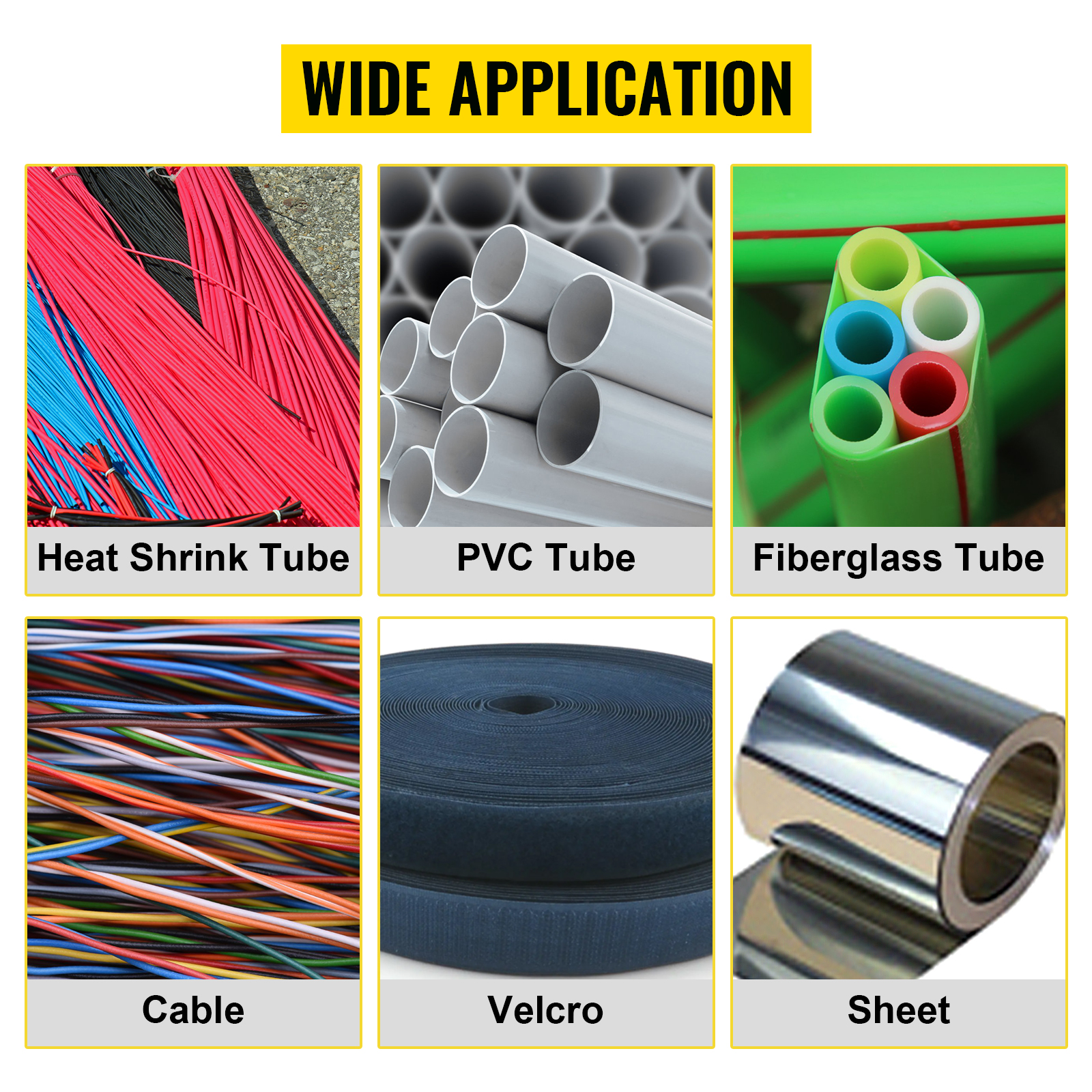 wide application of VEVOR heat-shrink tube cutter for tubes, cables, velcro, and sheets.