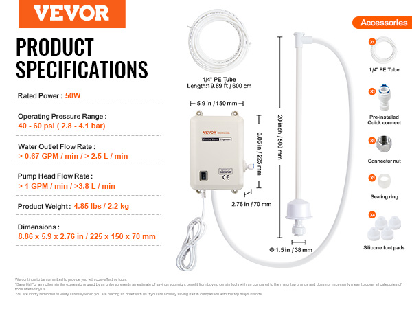 VEVOR bottled water dispensing pump specs and accessories: 50w, 40-60 psi, 1 gpm flow rate.