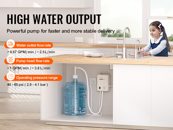 VEVOR bottled water dispensing pump providing high water output in a kitchen setting.