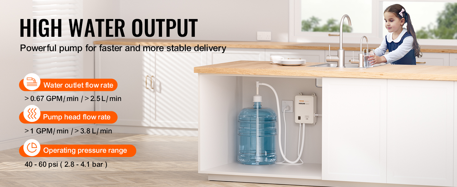 VEVOR bottled water dispensing pump providing high water output in a kitchen setting.