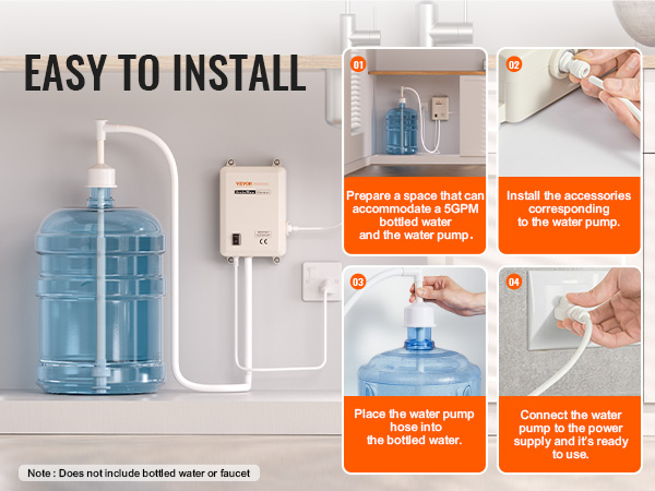 easy installation steps for VEVOR bottled water dispensing pump, showcasing components.