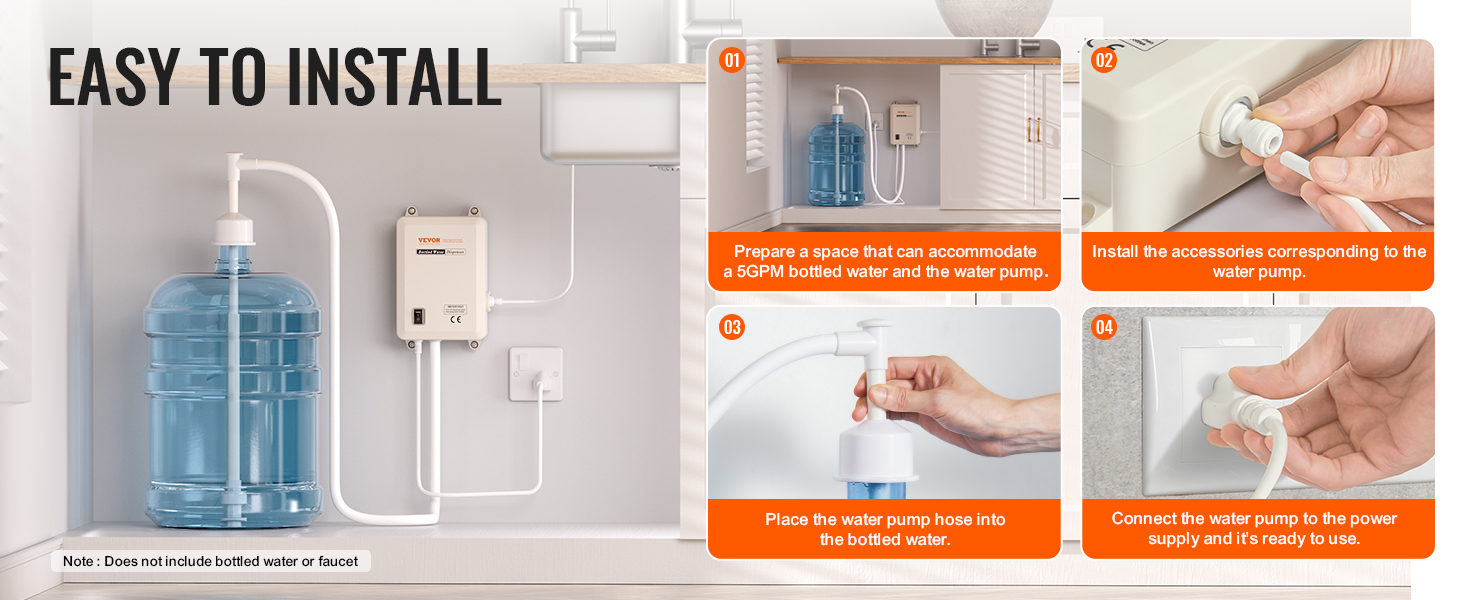 easy installation steps for VEVOR bottled water dispensing pump, showcasing components.