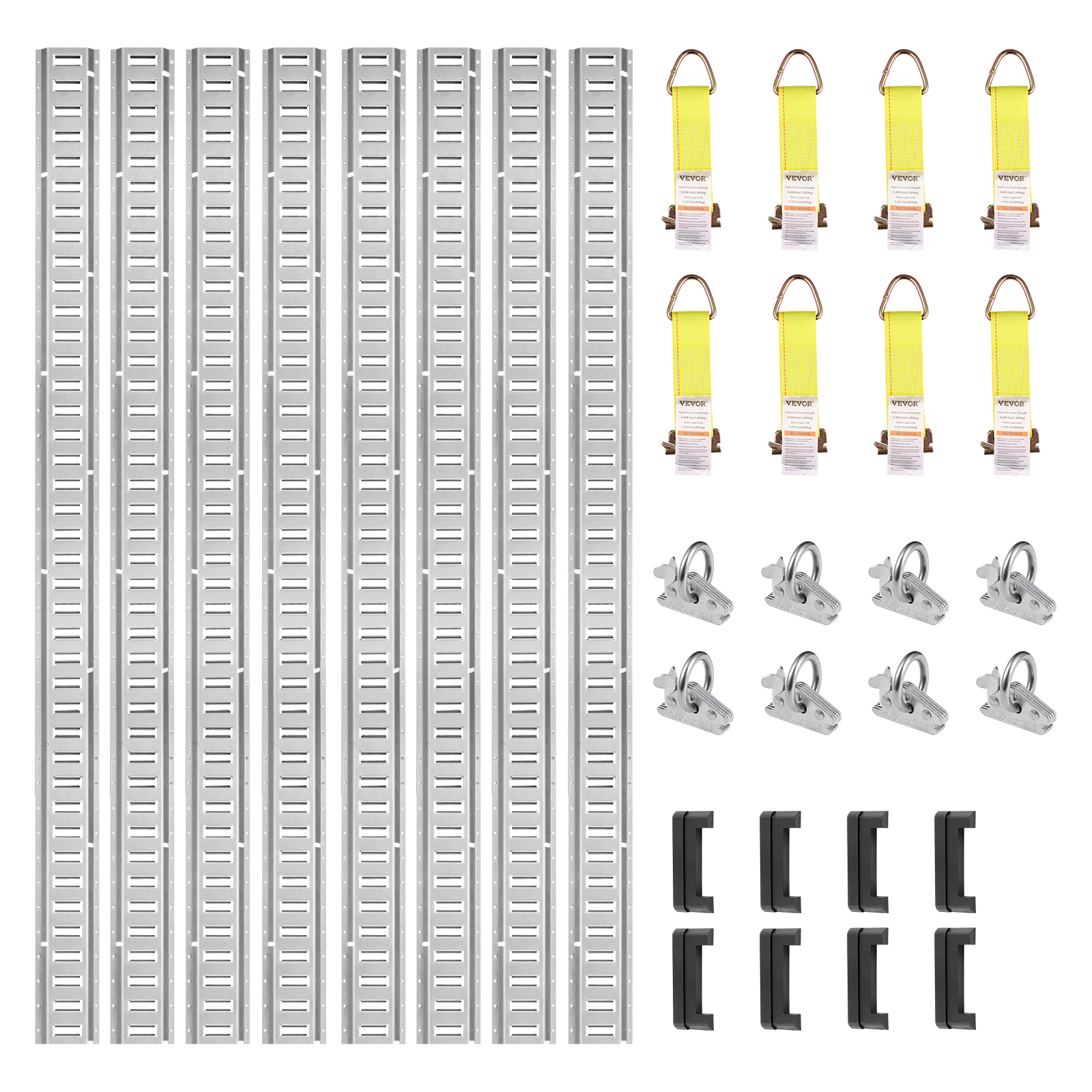 VEVOR e track tie-down rail kit includes eight rails, eight d-rings, eight end caps, and eight straps.