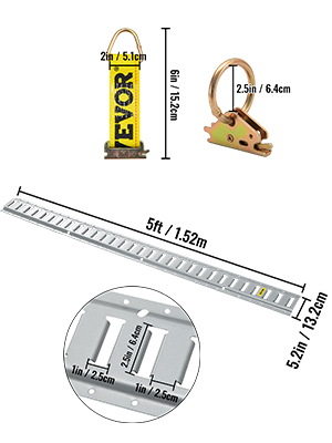 VEVOR e track tie-down rail kit with dimensions and components including rail, tie-downs, and ring clips.