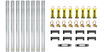 VEVOR e track tie-down rail kit with rails, straps, connectors, and fittings.