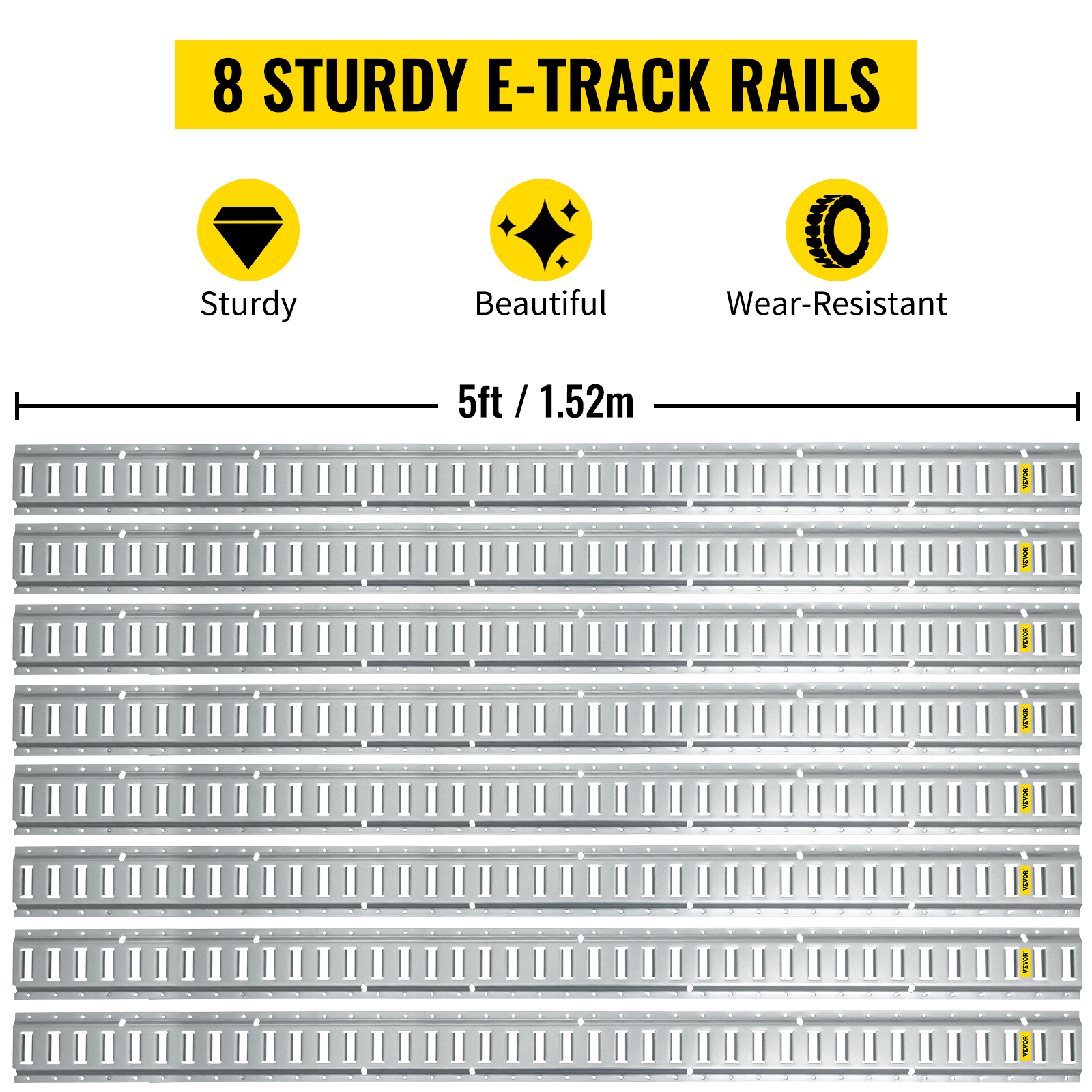8 sturdy e-track rails, 5ft/1.52m each, durable and wear-resistant, part of the VEVOR e track tie-down rail kit.