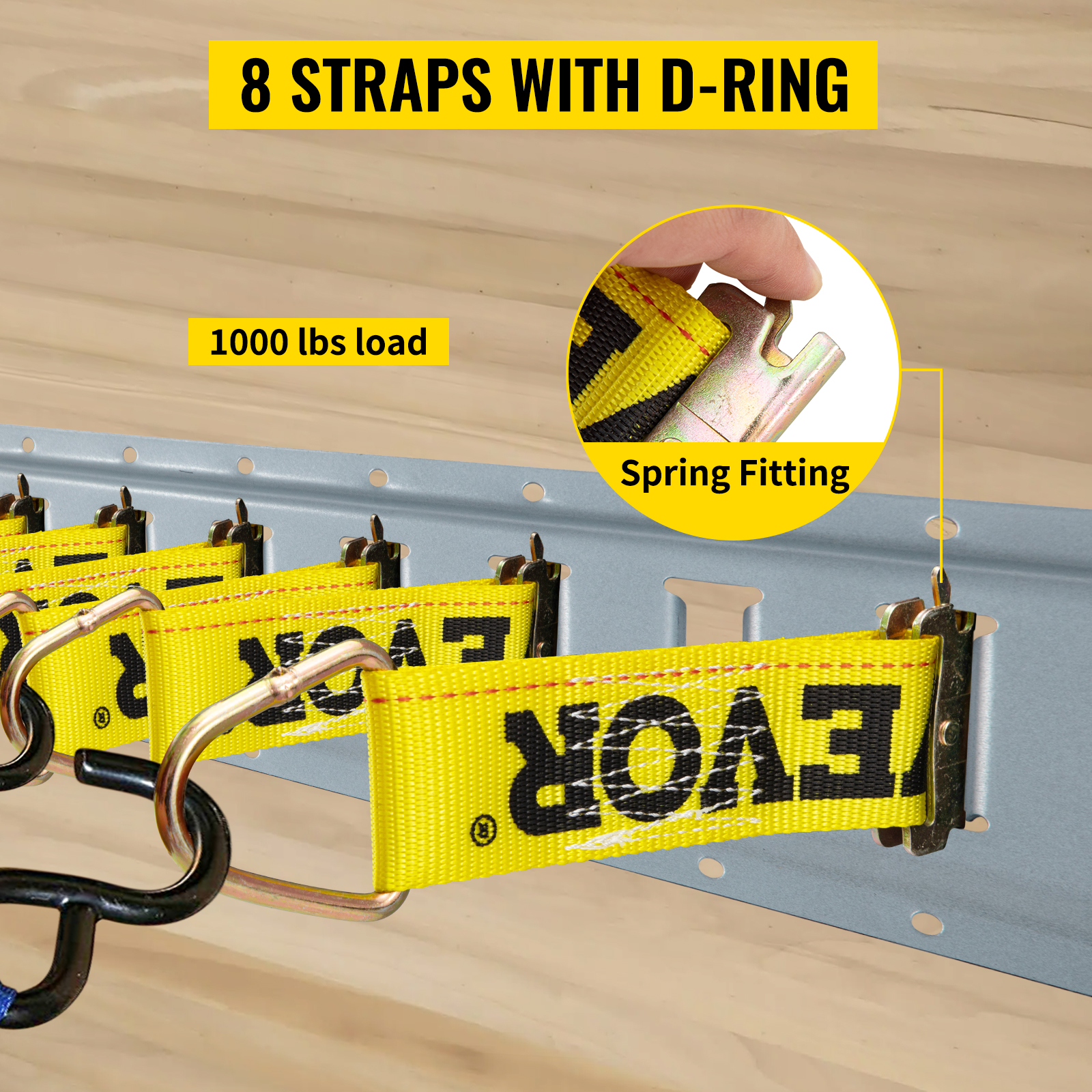 VEVOR e track tie-down rail kit with 8 d-ring straps, 1000 lbs load capacity, and spring fitting.
