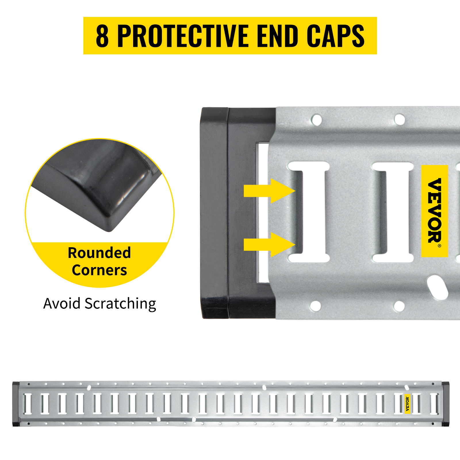VEVOR e track tie-down rail kit with 8 protective end caps and rounded corners to avoid scratching.