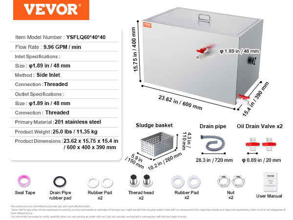 VEVOR commercial grease trap, 201 stainless steel, 9.96 gpm, side inlet, threaded connection, accessories included.