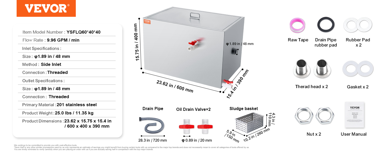 VEVOR commercial grease trap, 201 stainless steel, 9.96 gpm, side inlet, threaded connection, accessories included.