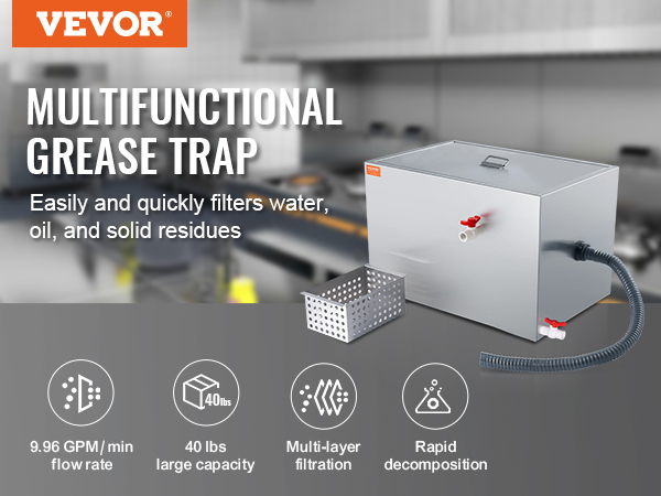 VEVOR commercial grease trap in a kitchen filters water, oil, and solids. features include 40 lbs capacity and multi-layer filtration.