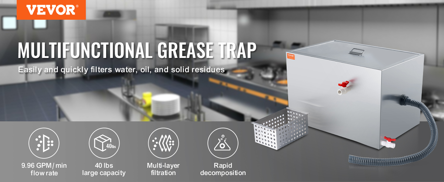 VEVOR commercial grease trap in a kitchen filters water, oil, and solids. features include 40 lbs capacity and multi-layer filtration.