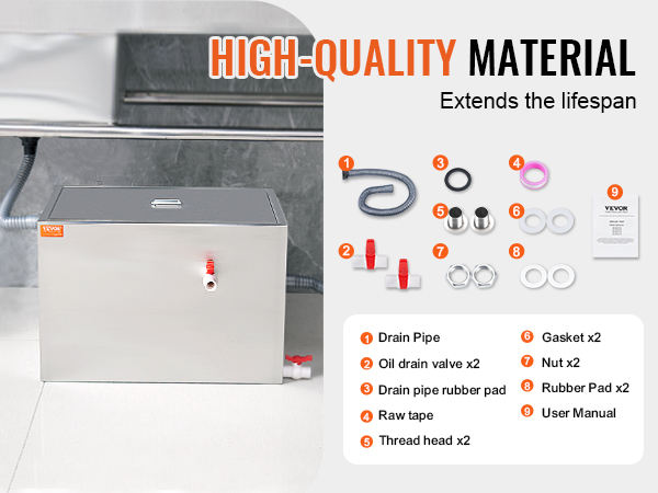 VEVOR commercial grease trap with accessories, including drain pipe, valves, gaskets, nuts, and manual.