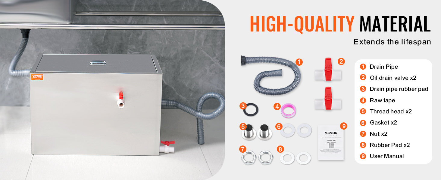 VEVOR commercial grease trap with accessories, including drain pipe, valves, gaskets, nuts, and manual.