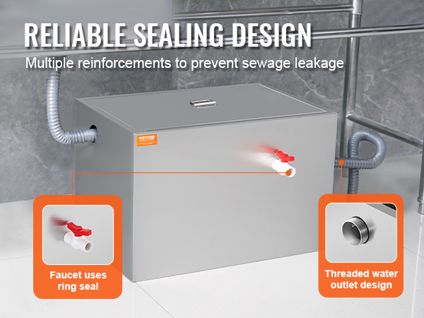 VEVOR commercial grease trap with reinforced sealing design, ring seal faucet, and threaded water outlet.