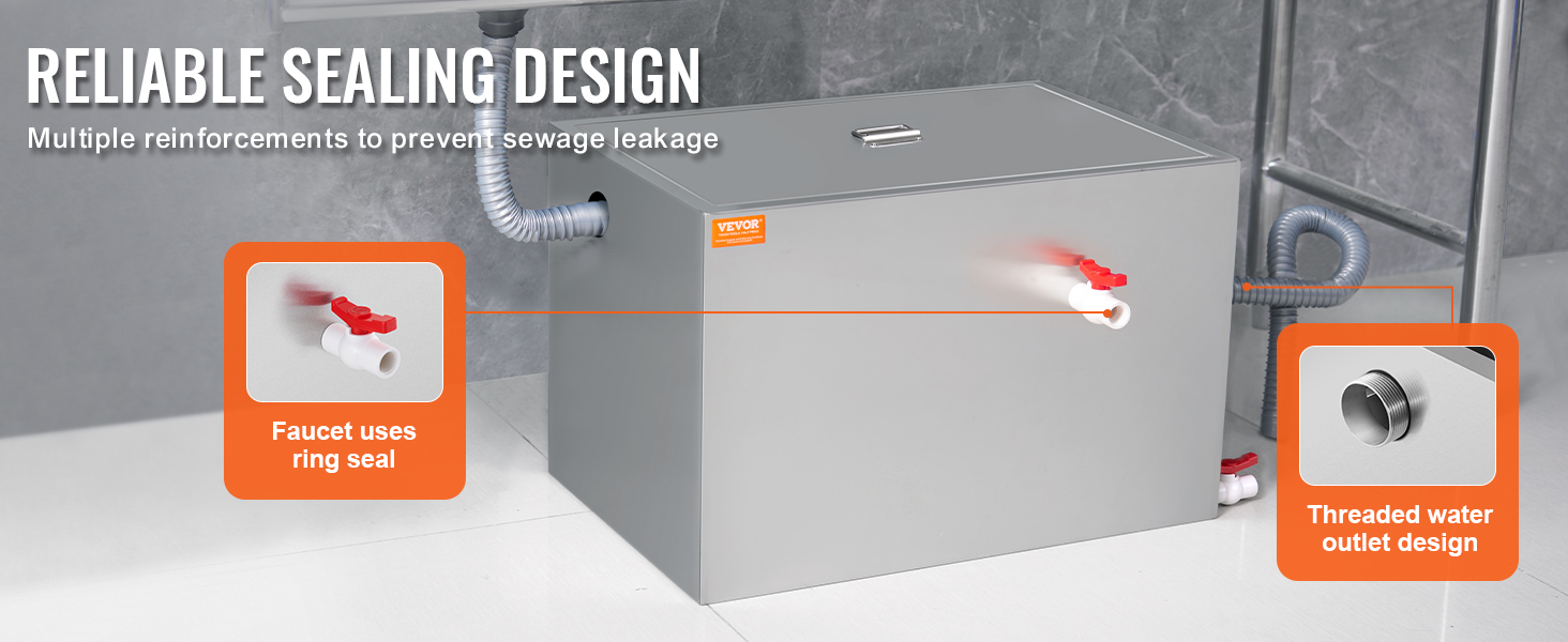 VEVOR commercial grease trap with reinforced sealing design, ring seal faucet, and threaded water outlet.