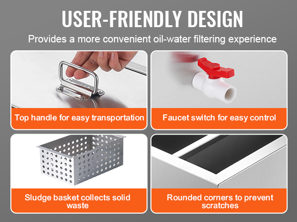 user-friendly VEVOR commercial grease trap with top handle, faucet switch, sludge basket, and rounded corners.
