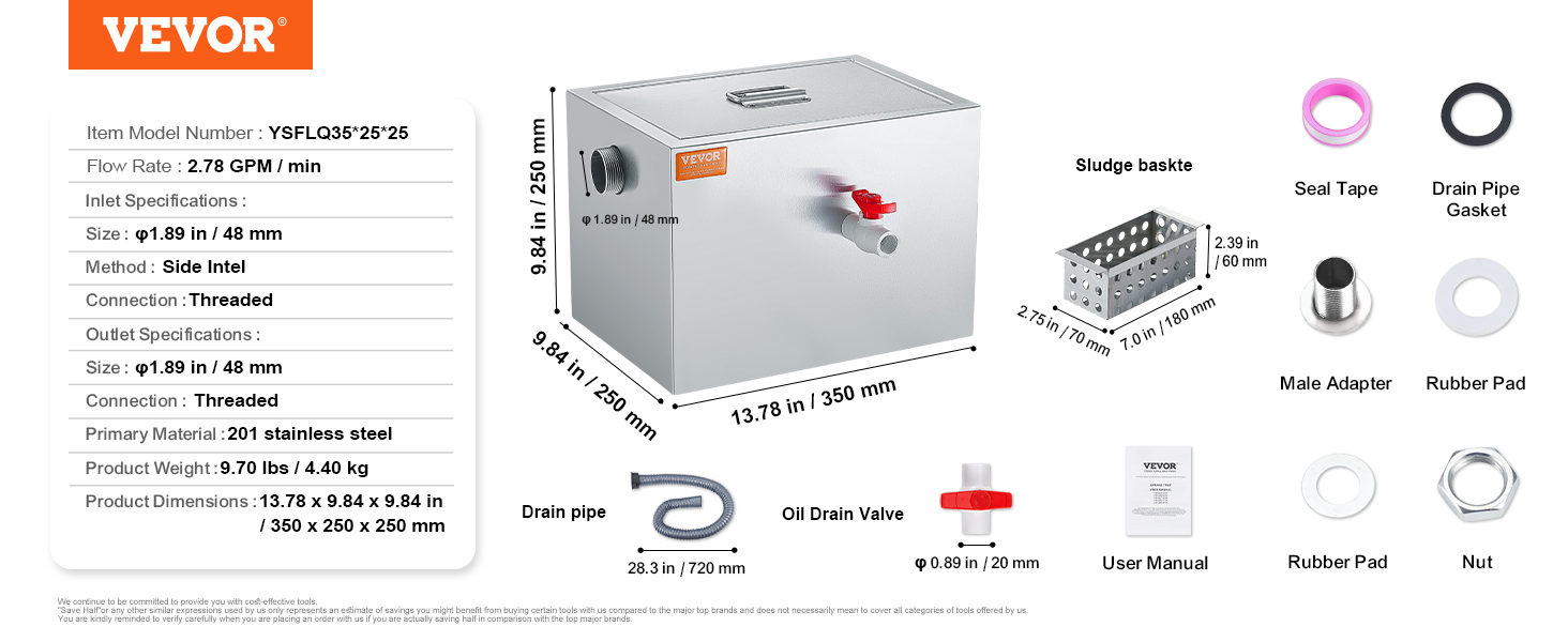 VEVOR commercial grease trap with dimensions and accessories, including sludge basket, drain pipe, and oil drain valve.