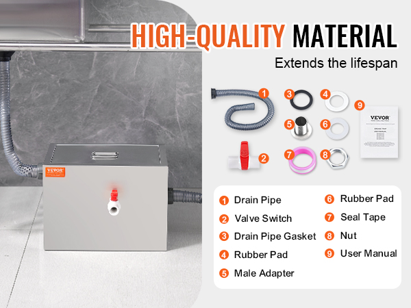 VEVOR commercial grease trap with high-quality materials and installation accessories for long-lasting use.