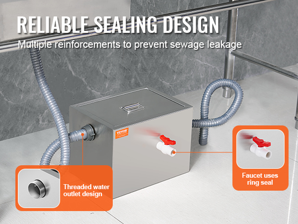 VEVOR commercial grease trap with reliable sealing design, threaded water outlet, and faucet ring seal.