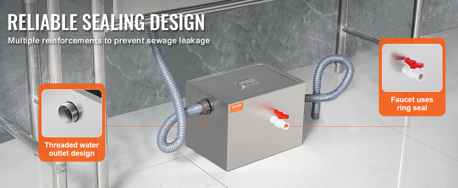 VEVOR commercial grease trap with reliable sealing design, threaded water outlet, and faucet ring seal.