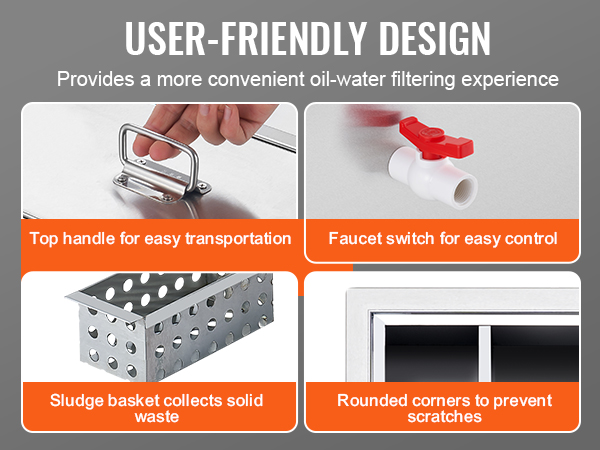 VEVOR commercial grease trap with top handle, faucet switch, sludge basket, and rounded corners.