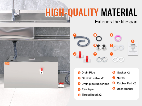 VEVOR commercial grease trap with accessories: drain pipe, oil drain valves, rubber pads, tape, and user manual.