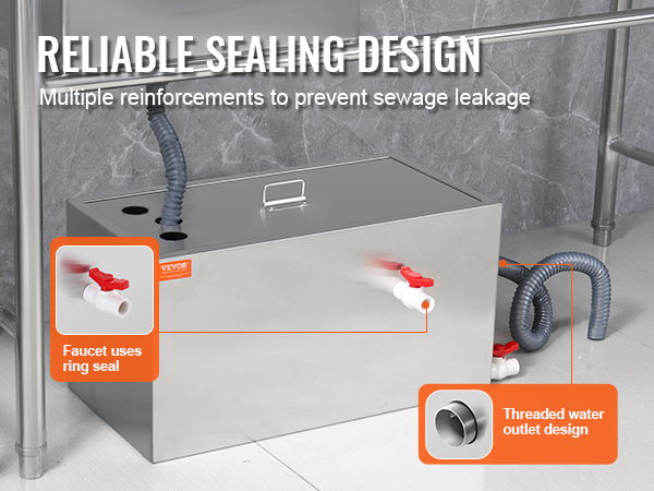 VEVOR commercial grease trap with reliable sealing design, faucet ring seal, and threaded water outlet.