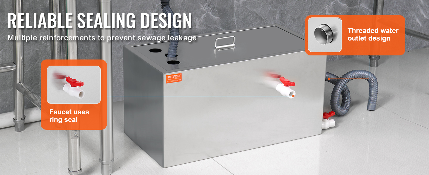 VEVOR commercial grease trap with reliable sealing design, faucet ring seal, and threaded water outlet.