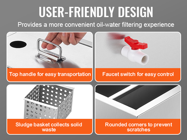 user-friendly design of VEVOR commercial grease trap with handle, faucet, sludge basket, and rounded corners.