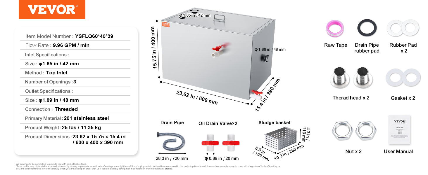 VEVOR grease trap, 400mm high, 25 lbs, with accessories including drain pipe, oil drain valve, and sludge basket.