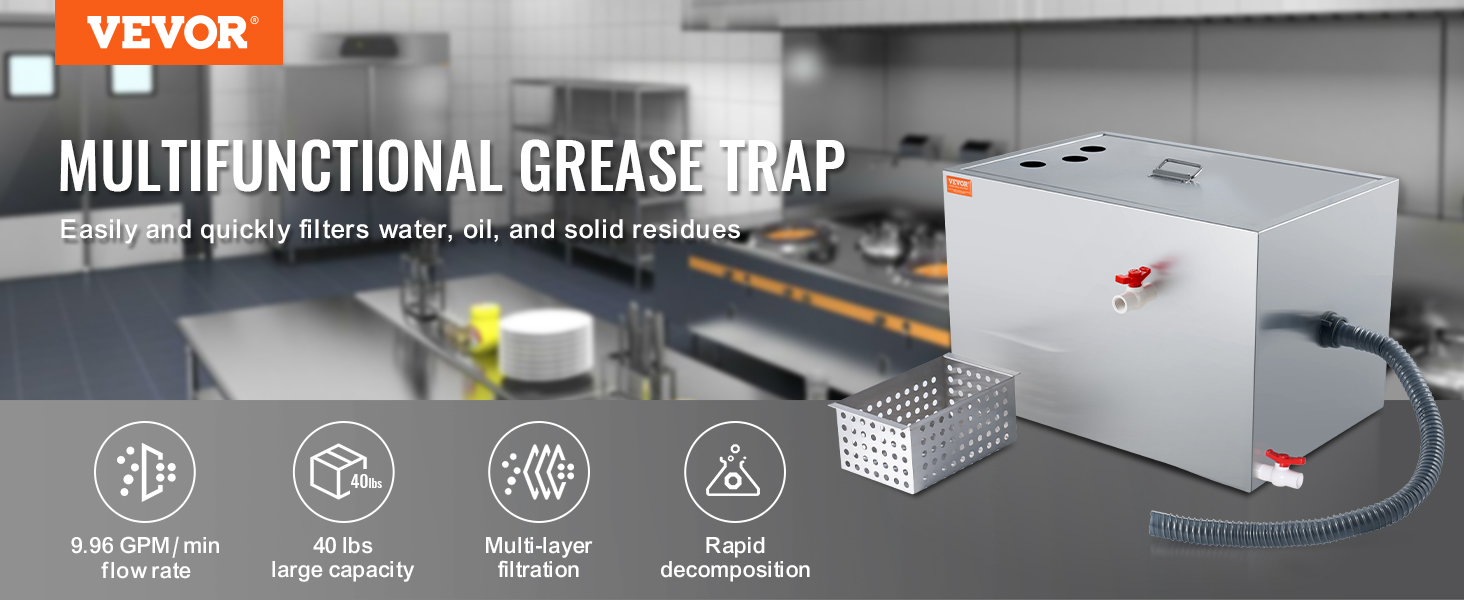 VEVOR grease trap in a commercial kitchen, showcasing large capacity, multi-layer filtration, and easy use.