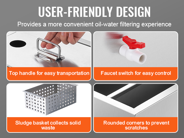 VEVOR grease trap with top handle, easy-control faucet, sludge basket, and rounded corners.