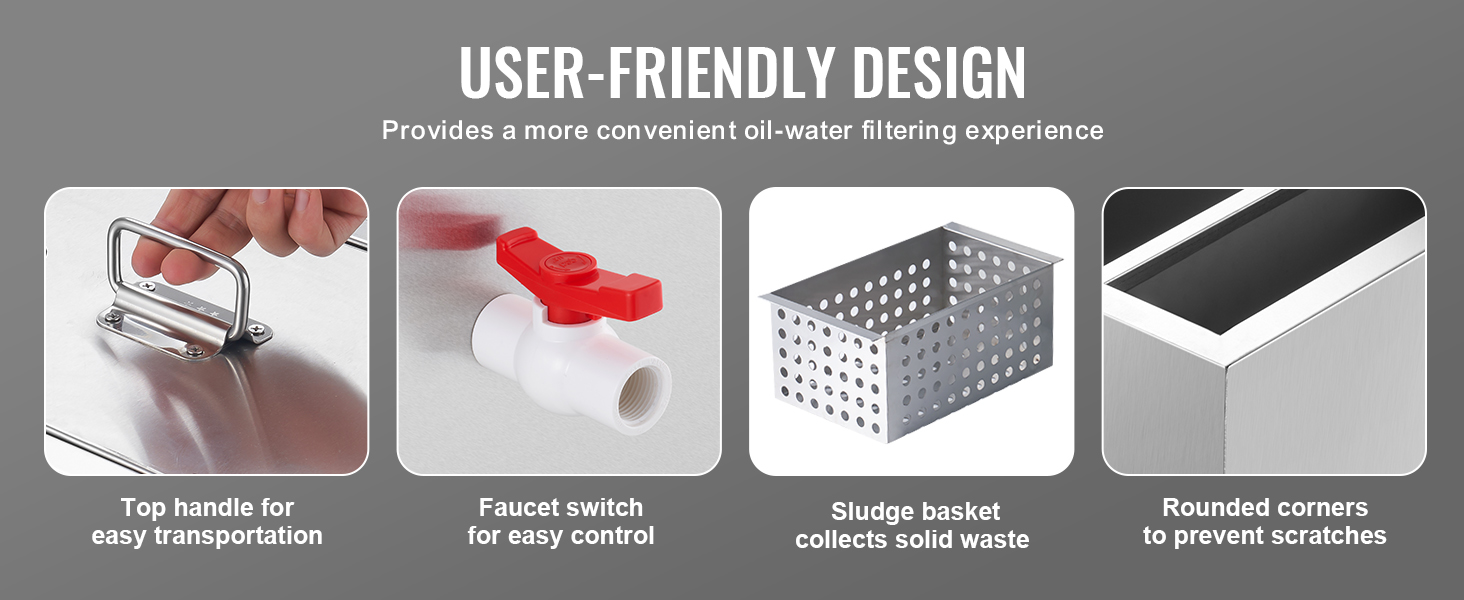 VEVOR grease trap with top handle, easy-control faucet, sludge basket, and rounded corners.