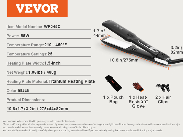 VEVOR hair straightener wf045c, 55w, titanium plates, 25 settings, 1.5-inch width, 2 clips, glove, bag.