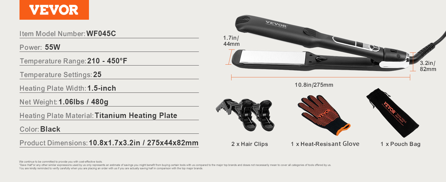 VEVOR hair straightener wf045c, 55w, titanium plates, 25 settings, 1.5-inch width, 2 clips, glove, bag.