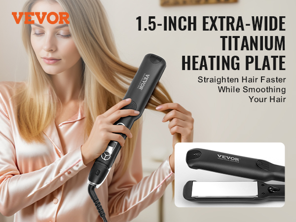 VEVOR hair straightener with 1.5-inch extra-wide titanium heating plate for smooth, fast hair styling.