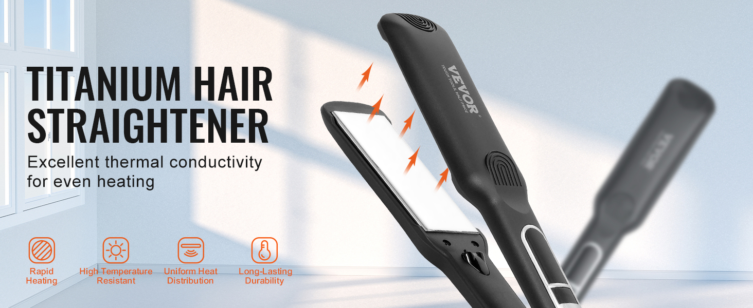 VEVOR hair straightener with titanium plates, ensuring rapid heating and even heat distribution.