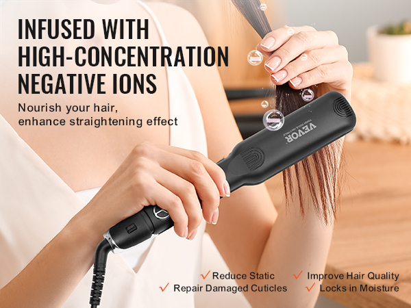 woman using VEVOR hair straightener, highlighting high-concentration negative ions for better hair.
