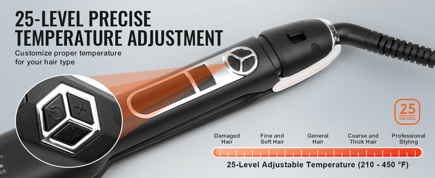 VEVOR hair straightener with 25-level precise temperature adjustment for all hair types and professional styling.