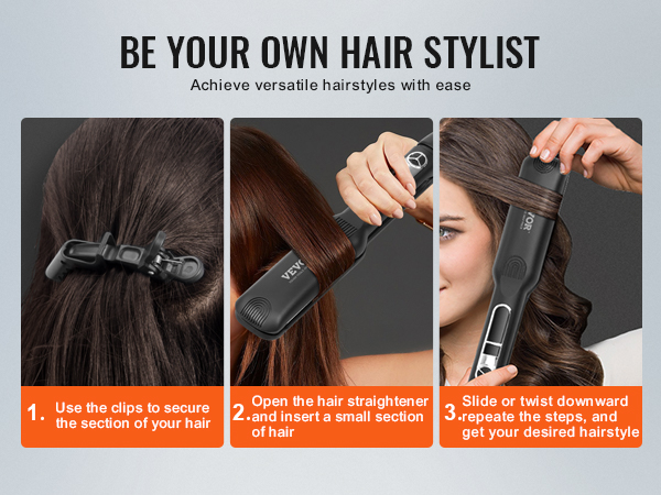 VEVOR hair straightener tutorial: secure hair with clips, insert small section, slide or twist for style.