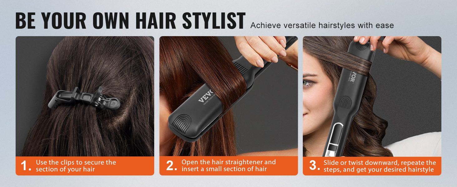 VEVOR hair straightener tutorial: secure hair with clips, insert small section, slide or twist for style.