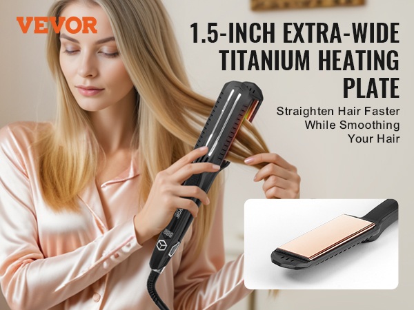 VEVOR hair straightener with 1.5-inch extra-wide titanium heating plate for faster, smoother hair.